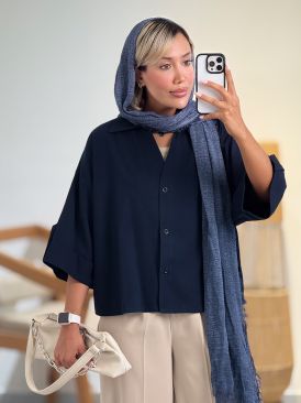 شومیز لینن یقه ترکیبی کد 21162